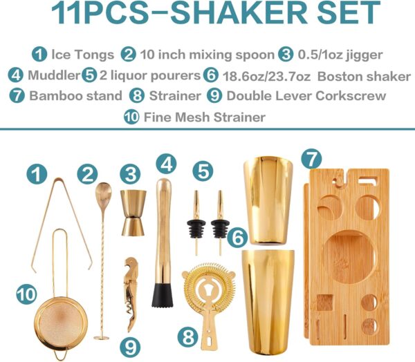 AUOXIOUYM 11-Pcs Cocktail Shaker Set Gold,Bartending Kit Stainless Steel Shakers 25oz Bar Kits for Bartender Mixing Set Barware Tool Sets for Professional... - Image 3